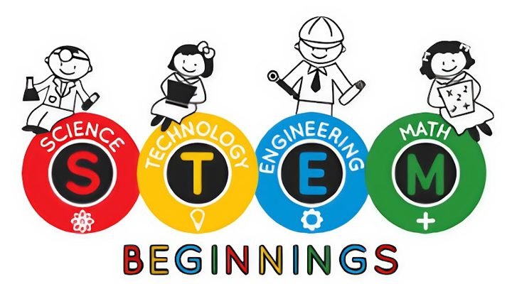 STEM Beginnings illustration with science, technology, engineering and math characters