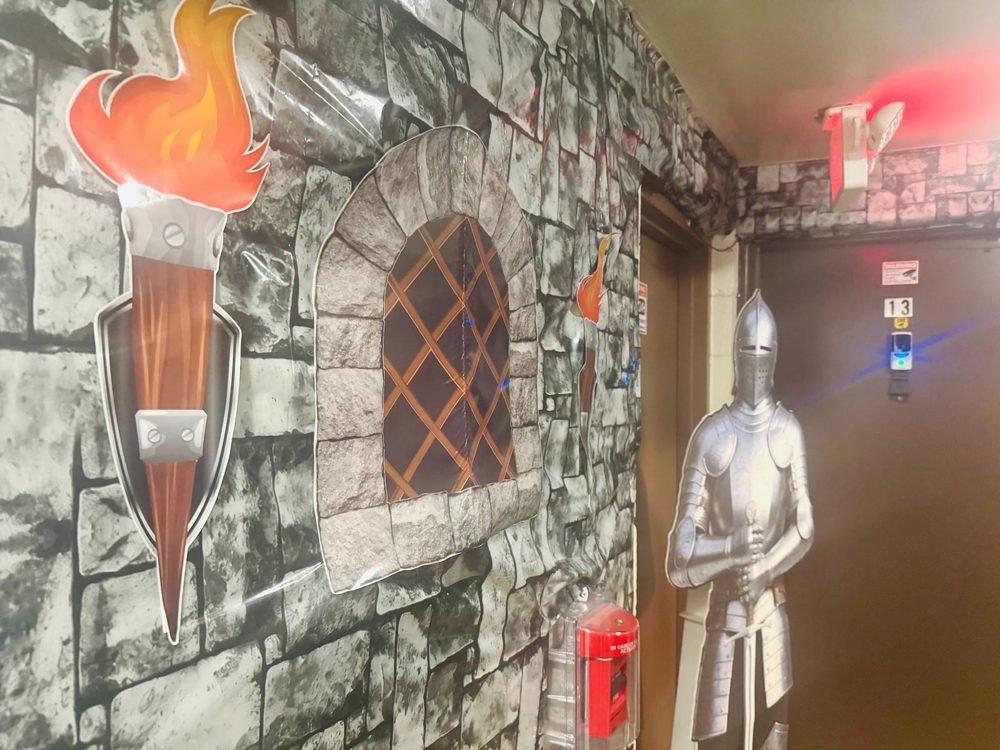 Castle stone walls and a painted torch in the EduCastle corridor